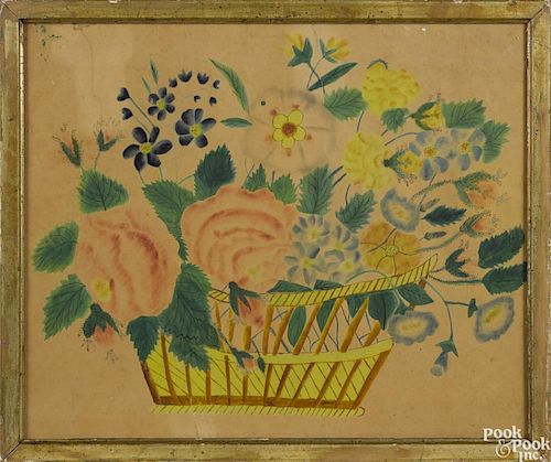 American watercolor theorem, 19th c., of a basket of flowers, 13'' x 15 1/2''.