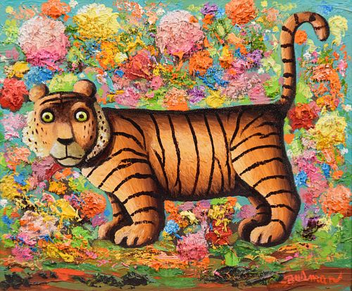 Orville Bulman Painting, Tiger & Flowers