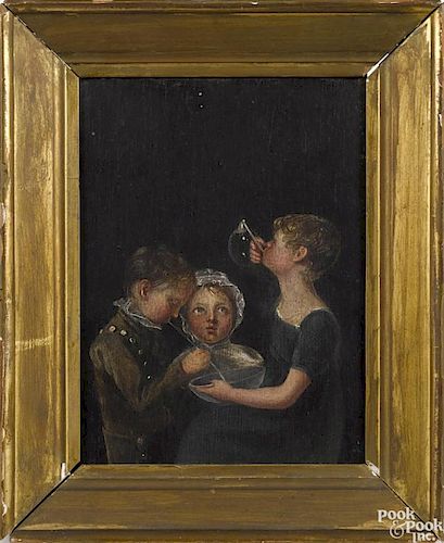 Oil on panel portrait of three children blowing bubbles, early 19th c., identified verso