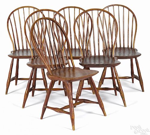 Set of six Pennsylvania bowback Windsor chairs, ca. 1820, retaining old red surfaces.