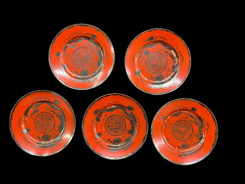 5 Antique Eiraku Japanese Red Porcelain Plates with Silver Dragon Design, Signed