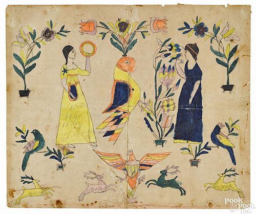 Pennsylvania watercolor fraktur, dated 1846, with a central parrot flanked by female figures