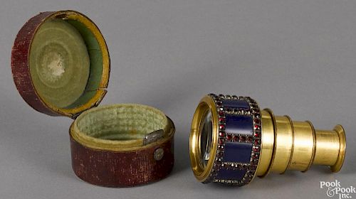 Silver gilt and bejeweled pocket telescope, early 19th c., with a leather case - 1 7/8'' x 2''.