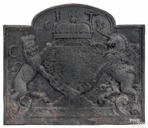Cast iron coat of arms fireback, dated 1635, 22 1/2'' x 26''. Provenance: James Sorber collection.