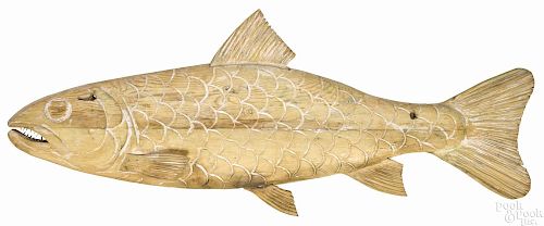 Large carved salmon-form trade sign, ca. 1900, 73'' l.