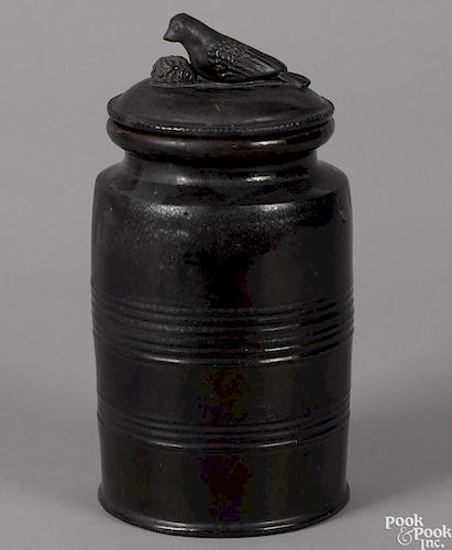 Redware lidded crock, 19th c., the lid attributed to Anthony Baecher, Winchester, Virginia