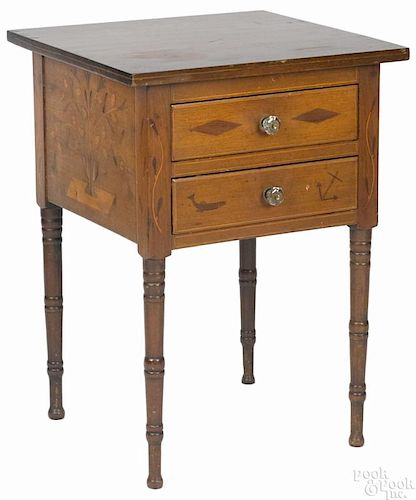 Pennsylvania Sheraton walnut two-drawer stand, 19th c., the drawer with inlaid diamonds
