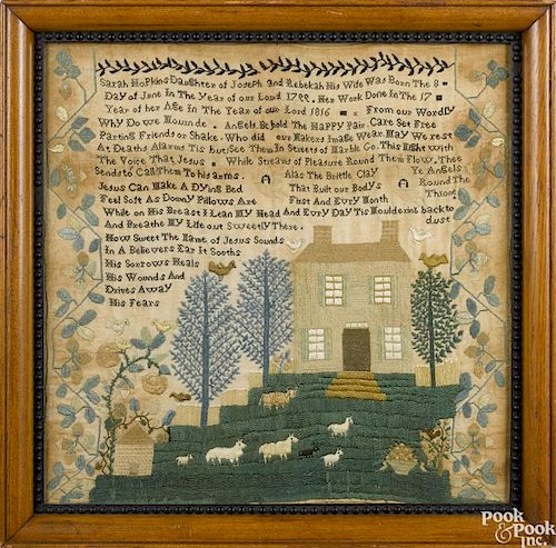 Silk on linen sampler, dated 1816, probably New Jersey, wrought by Sarah Hopkins, b. 1799