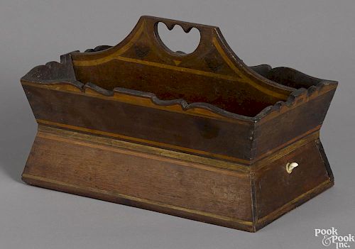 Mahogany knife tray, 19th c., with banded inlays and birds flanking the handle