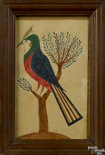 Watercolor fraktur drawing, dated 1843, of a bird perched on a tree, 6 1/4'' x 4''.