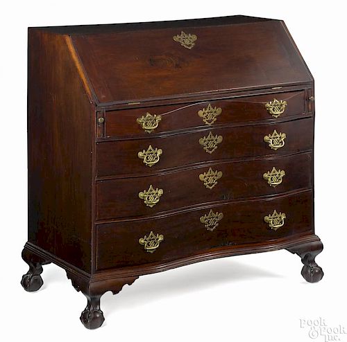 Massachusetts Chippendale mahogany slant front desk, ca. 1770, with an oxbow front