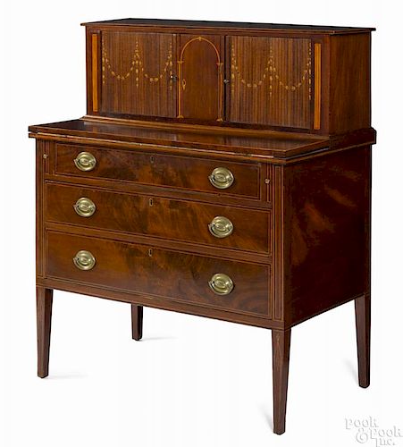 Massachusetts Hepplewhite mahogany tambour desk, ca. 1800, with allover line inlay