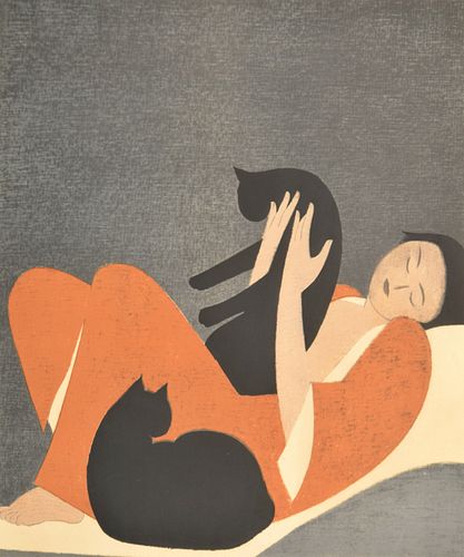 Will Barnet WOMAN & CATS Woodcut, Signed Edition