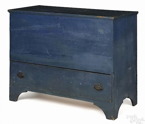New England painted pine blanket chest, early 19th c., retaining an old blue surface, 34 1/4'' h.
