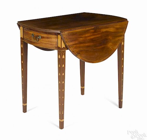 New York Hepplewhite mahogany Pembroke table, ca. 1800, with bookend and bellflower chain inlays