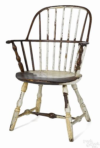 Pennsylvania sackback Windsor chair, ca. 1790, with knuckled arms, retaining an old layered paint