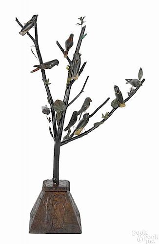 Large carved and painted German bird tree, 19th c., with branches holding ten birds