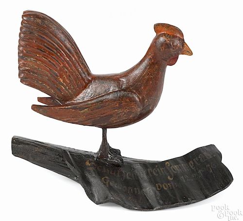 German carved and painted rooster, dated 1906, mounted to a wood base with German script