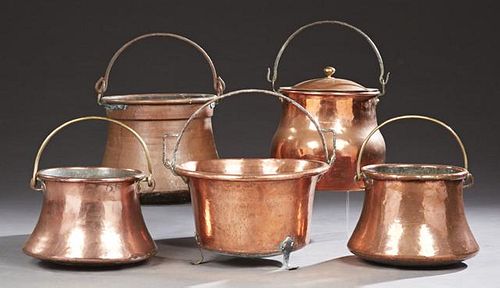 Group of Five Large French Copper Kettles, 19th c.
