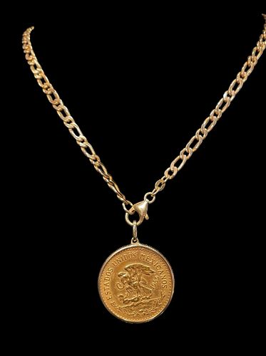 14K Gold Necklace with Mexican Pesos Coin Pendant 
