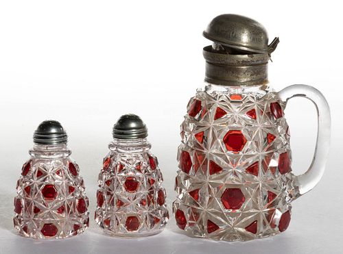 BLOCK AND LATTICE - RUBY-STAINED CONDIMENT ARTICLES, LOT OF THREE