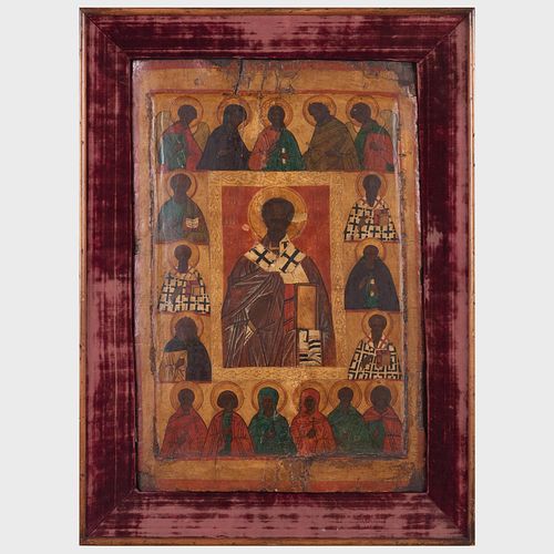 Russian Icon of Saint Nicholas with Deisis Martyrs and Selected Saints, Northern or Novgorod School, 16th Century