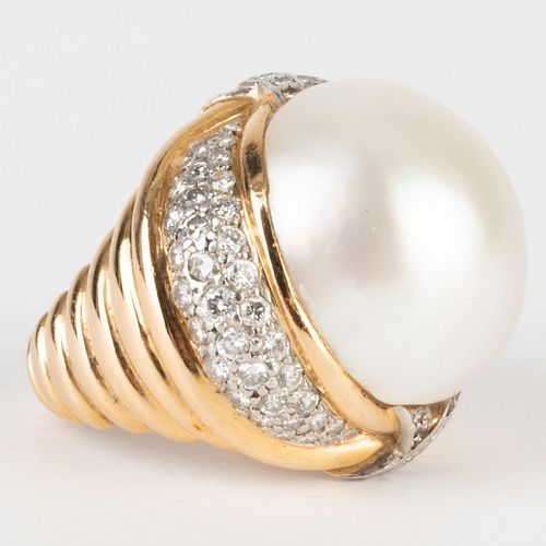 Mabe Cultured Pearl and Diamond Ring