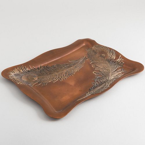 Tiffany Silver on Copper Mixed Metal Tray with Peacock Feathers