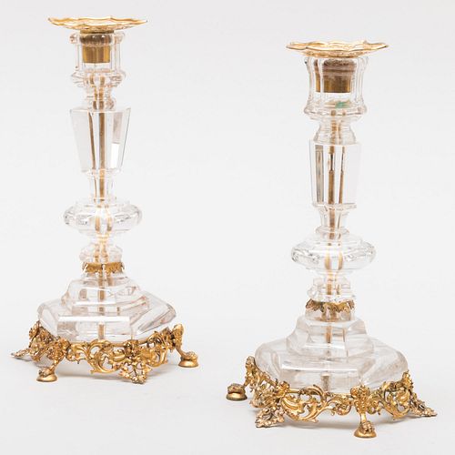 Pair of Napoleon III Style Gilt-Metal-Mounted Rock Crystal Candlesticks 