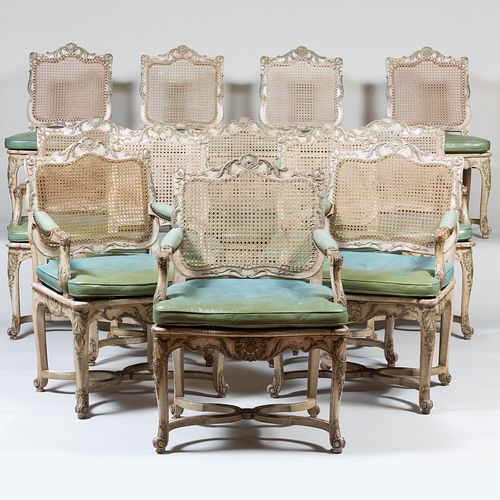 Set of Twelve Regence Style Painted and Caned Dining Chairs