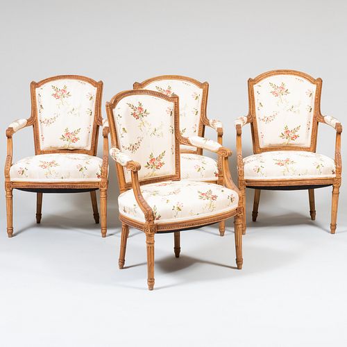 A Set of Four Louis XVI Upholstered Beechwood Fauteuils en Cabriolet