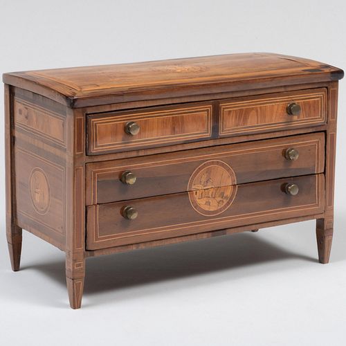 Miniature Italian Neoclassical Walnut and Tulipwood Parquetry Chest of Drawers