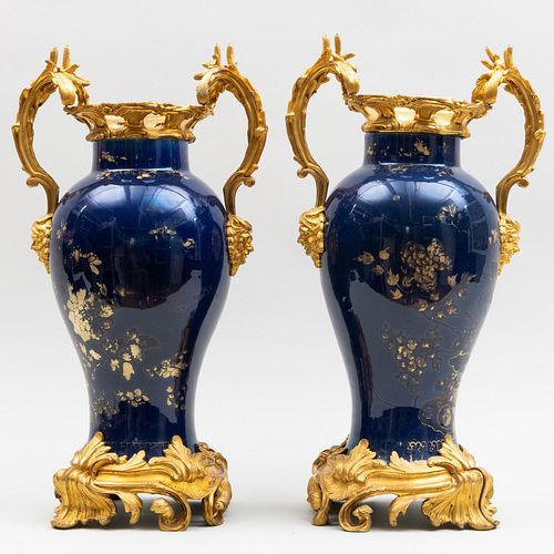 Pair of Louis XV Ormolu-Mounted Blue Porcelain Vases, the Mounts Probably German, the Porcelain Kangxi