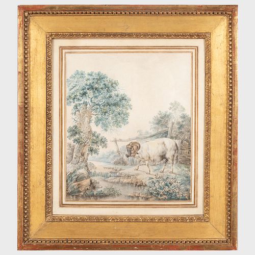 Jean-Baptiste Huet (1745-1811): Landscape with Ram by a Stream