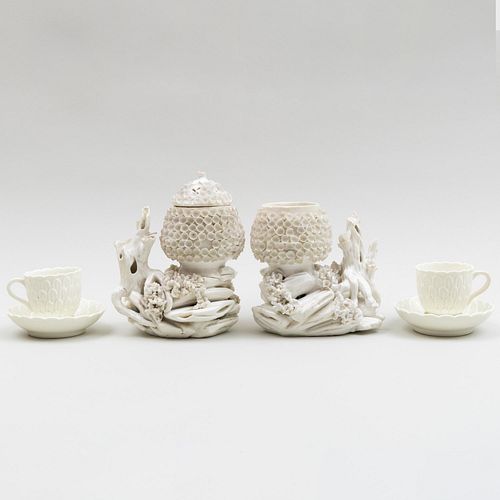 Pair of Saint Cloud White Glazed Petal Molded Cups and Saucers and a Pair of White Ceramic Flower Form Jars