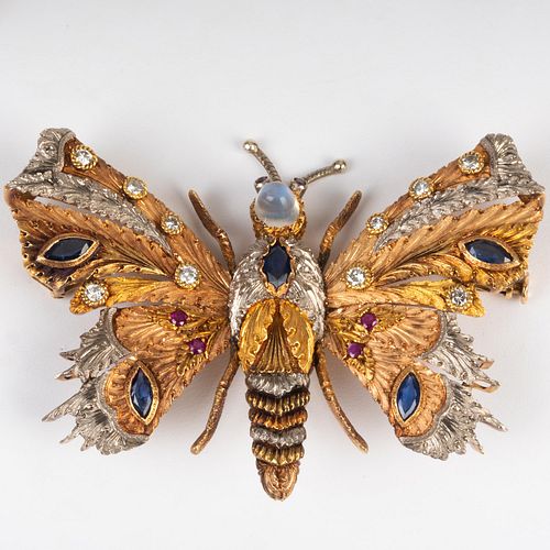 18k Tricolor Gold, Diamond, Sapphire, Ruby and Moonstone Butterfly Brooch