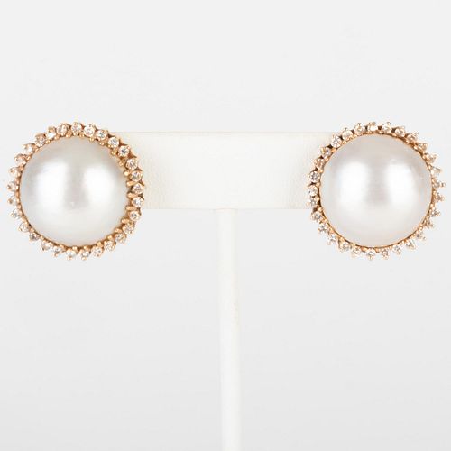 Pair of 18k Gold, Mabe Pearl and Diamond Earclips