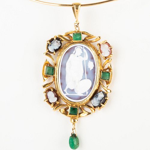 18k Gold, Carved Hardstone Cameo and Colored Stone Pendant