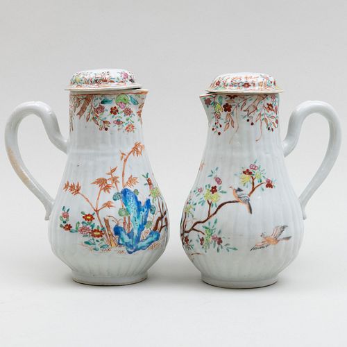Pair of Chinese Export Porcelain Ewers and Covers