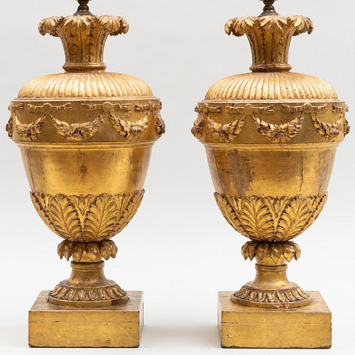 Pair of English Giltwood Urn-Form Lamps