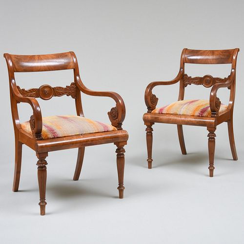 Pair of Continental Neoclassical Carved Mahogany Armchairs