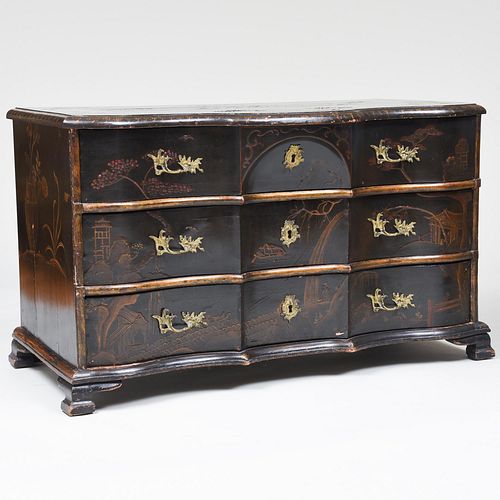 Continental Rococo Gilt-Bronze-Mounted Black Lacquer and Polychrome Painted Chest of Drawers, Possibly Dutch