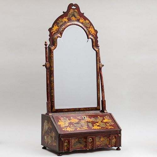 Queen Anne Red Japanned and Parcel-Gilt Slant Front Dressing Mirror