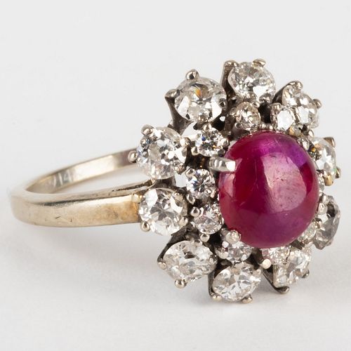 14k White Gold, Star Ruby and Diamond Ring