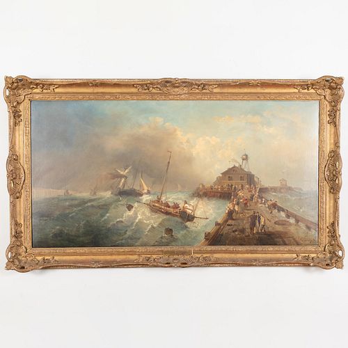 Charles Euphrasie Kuwasseg (1838-1904): Shipping Off a Harbor in Stormy Seas