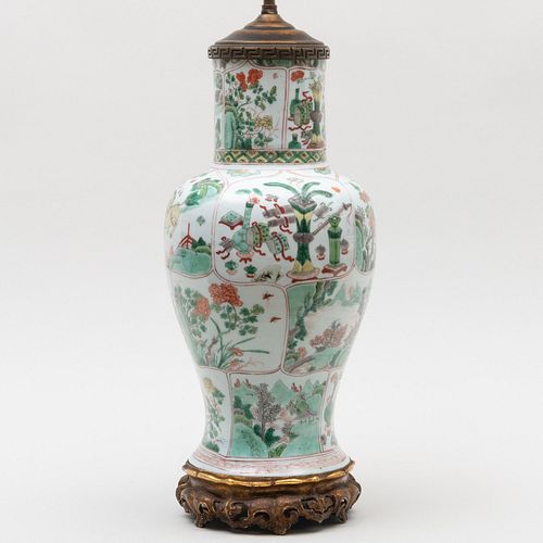 Chinese Famille Verte Porcelain Baluster Vase Mounted as a Lamp