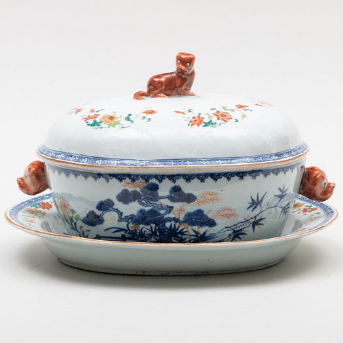 Chinese Export Famille Rose Porcelain Oval Tureen, Cover and Stand