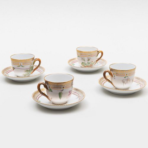 Set of Four Royal Copenhagen Flora Danica Demi Tasse Cups and Saucers