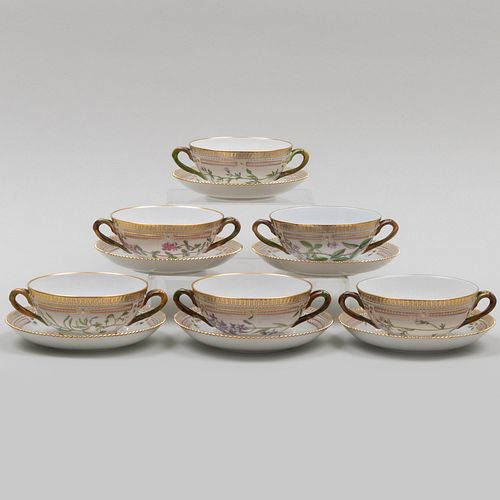 Set of Eight Royal Copenhagen Flora Danica Cream Soup Cups and Saucers