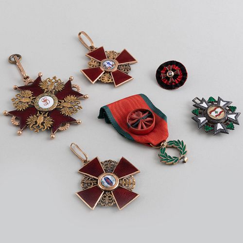 Group of Three Russian Gold and Enamel Orders, a Button and a Silver and Enamel Order
